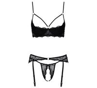 Cortelli Black Shelf Cupless Floral Lace Suspenders Crotchles Thong Set