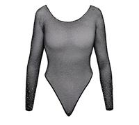COTTELLI Long Sleeve Mesh Bodysuit with Rhinestones Black Transparent Erotic Bodysuit in Rio String Style, High Leg Cuts, Soft & Elastic, Size S-L