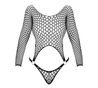 COTTELLI Women's Black Mesh Bodysuit Two Piece Look Long Sleeve Top with Rio String 2 Silver Rings High Leg Cut-Out S-L