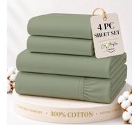 Cottington Lane 100% Cotton California King Sheet Set, 4 Piece Sage Luxury Hotel Quality Sheets, Deep Pocket Fits 8-16 Inch Mattress, Breathable, Durable, Cooling Sheets with Smooth Satin Weave