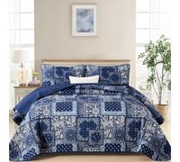 Cottolester Blue Patchwork Quilt Set Queen Size,Boho Navy Blue Quilt Set,Paisley Farmhouse Bedspread Soft Microfiber Bedding Set for All Season 96"x90"