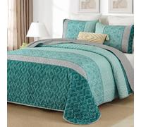 Cottolester Boho Quilt Set California King Size,Teal Blue Striped Bedspread | Soft Summer Lightweight Coverlets Set，Microfiber Patchwork Quilt Bedding Sets for All Seasons 110"x96"
