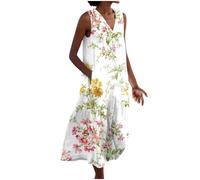 Cotton And Linen Dresses Holiday Vacation Flowy Button Down Women Beach Dress V Neck Sundress Sleeveless Summer Dresses For Women Uk Plus Size Floral Loose Fit Tiered Shift Women's Bohemian Dresses