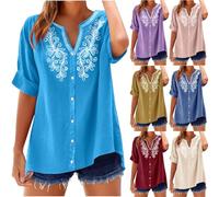Cotton and Linen Embroidery Top for Women Slim Round Neck Tops Pullover Printed Shirts Boho Blouses for Ladies UK Lightweight Fashion Bohemian Tunic Top Cute Fashion Clothes Sky Blue
