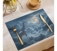 Cotton and Linen Placemats Set of 6,Non-Slip Stain Resistant, Dream Theme Giraffe In The Clouds Table Mats for Kitchen, Dining, Indoor & Outdoor Use, 45×30cm, Dark Blue
