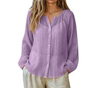 Cotton and Linen Shirt Women Long Sleeve Button Down Sheer Blouse Casual Overshirt Elegant Lightweight Breathable Beach Cover Up Retro Vacation Outfits Sun Protective Gauze Shirt,Light Violet,XL