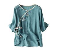 Cotton and Linen Shirts Short Sleeve Loose T-Shirts Side Lace Up Crewneck Tee Tops Solid Colour Soft Tunic Tops Lightweight T Shirts Breathable Embroidered Printed Top Chinese Style Blouses Blue