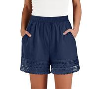 Cotton and Linen Shorts for Women Elasticated Waist Straight Leg Lace Trim Tassel Summer Shorts Lightweight Relaxed Fit Hot Pants Beach Holiday Bermuda Shorts with Pockets