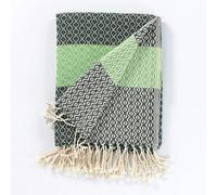 Cotton and Olive Caria Throw Blanket, HAND-LOOMED - Forest Green with Lime