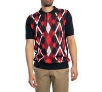 Cotton Argyle Knitted Polo Shirt Dark Navy/Cherry Red L
