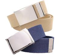 Cotton Belt Men, Women Canvas Web Belt Size Up to 65" with Flip-Top Silver Military Buckle Adjustable Army Style Waist Band, 2 Pack