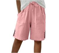 Cotton Bermuda Shorts for Women UK Baggy Knee Length Elasticated Waist Short Pants Summer Casual Side Split Button Wide Leg Long Shorts with Pockets