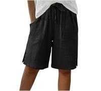 Cotton Bermuda Shorts for Women UK Baggy Knee Length Elasticated Waist Short Pants Summer Casual Side Split Button Wide Leg Long Shorts with Pockets