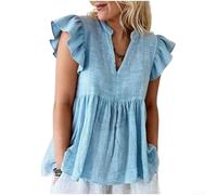 Cotton Blend for V Neck Blouse for Women Summer Casual Cotton(Light Blue XXL)