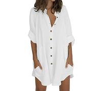 Cotton Blouses for Women UK Summer Long Sleeve Button Down Shirts Ladies Long Top Plain Loose Casual Blouses T-Shirt Beach Holiday Tees Oversized Buy Again My Orders White