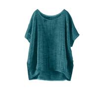 Cotton Blouses for Women UK, Womens Tunic Tops Summer Cotton Linen Short Sleeve T-Shirt Crew Neck Oversized Blouses Baggy Solid Plain Casual Shirt Bubble Hem Tees for Vaction Holiday Dark Green