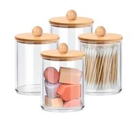 Cotton Bud Holder,4 Pack Cotton Pad Holder,Transparent Cotton Wool Pad Storage Container,Bathroom Vanity Storage Organizer, Acrylic Qtip Holders,with Bamboo Lids,for Bedroom and Bathroom Storage