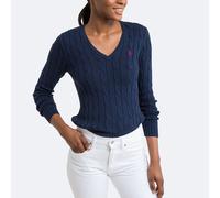 Cotton Cable Knit Jumper with V-Neck Navy