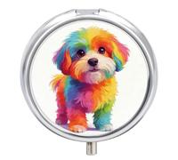 Cotton Candy Dog Round Pill Box with Mirror 3 Compartment Portable Pill Case for Travel Outdoor Use Cute Small Pill Organizer for Pocket Or Purse