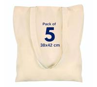 Cotton Canvas Plain Tote Bags to Decorate in Bulk Pack of 3/5/10/25, 145gsm 100% Natural Cotton Premium Fabric Blank Reusable Large Canvas bag -38 X 42 cm+65cm long Handles (Pack of 5-Natural)