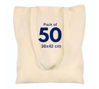 Cotton Canvas Plain Tote Bags to Decorate in Bulk Pack of 3/5/10/25, 145gsm 100% Natural Cotton Premium Fabric Blank Reusable Large Canvas bag -38 X 42 cm+65cm long Handles (Pack of 50-Natural)
