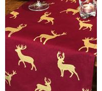 COTTON CHRISTMAS TABLE RUNNER - WINE AND GOLD STAG/REINDEER DESIGN - 3 (35x300cm)