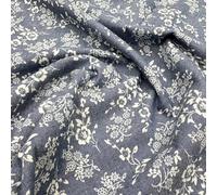 Cotton Denim Fabric - Pretty White Floral Navy Blue - Dress Fabric Material Metre