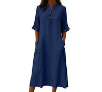 Cotton Dresses for Women UK Summer Beach Shirt Dresses Solid Color Button Henley Neck Maxi Dress Elegant Ruffle Half Sleeve Casual Tunic Tshirt Dress Loose Plain Long A Line Sundress with Pockets