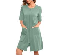 Cotton Dressing Gowns for Women Uk Zipper Womens Dressing Gowns Bath Robe Knee Length Sleepwear Lightweight Ladies Housecoat 3/4 Sleeve Solid Color Loungewear Warm Soft Cozy Kimono Bathrobe Nightwear