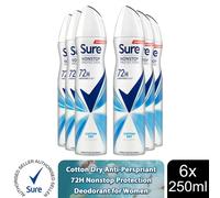 Sure Nonstop Protection Cotton Dry Anti-Perspirant Aerosol Women's Deodorant Spray with Body Heat Activated tech. and a fresh cotton sheets fragrance for 72 hour odour and sweat protection 6x 250 ml