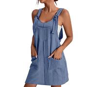 Cotton Dungarees for Women Uk Summer Casual Adjustable Strap Short Jumpsuit Sleeveless Loose Beach Playsuit Shorts Ladies Boho Rompers Lightweight Bib Overalls Tie Shoulder Outfit with Pockets
