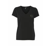 Cotton Embroidered Heart T-Shirt with V-Neck Black
