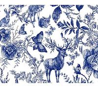 Cotton Fabric - Blue Ink Forest Animals - Beautiful Stag Deer Hare Butterfly Floral Craft Fabric Material Metre