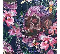 Cotton Fabric - Purple Pink Orchid Floral & Gothic Skulls on Black - Craft Fabric Material Metre