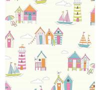 Cotton Fabric - Seaside Beach Huts Sailing Boats Lighthouses Nautical Tutti Fruitti- Craft Fabric Material Metre - 140cm - 55" Wide - Per Metre