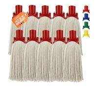 Cotton Floor Mop Heads - Replacement Absorbent Cotton for Colour Coded Mops for Cleaning Floors - Durable Plastic & Self Threading Mop Head - Available in Blue, Green, Red, Yellow - Pack of 10 - Red