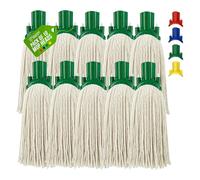 Cotton Floor Mop Replacement Heads - Absorbent Cotton for Colour Coded Mops for Cleaning Floors - Durable Plastic & Self Threading Mop Head - Available in Blue, Green, Red, Yellow - Pack of 10 - Green