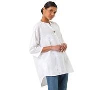 Roman Cotton Floral Embroidered Tunic Top for Women UK - Ladies Spring Everyday Summer Holiday Notch Neckline Comfy 3/4 Sleeve Soft Button Detail Top Day Out Blouses - Ivory - Size M