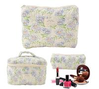 Cotton Floral Makeup Bag - Makeup Purse with Closure | Flower Makeup Bag | 3 Cotton Cosmetic Bags | Travel Cosmetic Quilt Bag, Aesthetic Toiletries for Dam, Blue, see description, See description