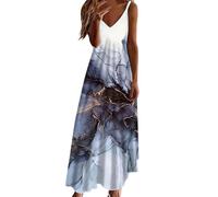 Cotton Fur Dress with Ink Gradient Print V Neck Dress with Joints Loose Dress Party Long Dress Puff Sleeve Dress, blue, XL