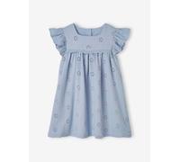 Cotton Gauze Dress with Embroidered Flowers, for Girls pale blue