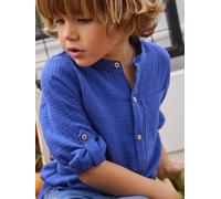 Cotton Gauze Shirt, Roll-Up Sleeves, for Boys blue medium solid