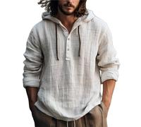 Cotton Hemp Men Shirts Long Sleeve Fashion Casual Hoodies Simple Everyday Athletic Wear Buttons Placket Breathable Sports Hoodies Regular-Fit Training Hiking Walking Camping Long-Sleeve Shirts White