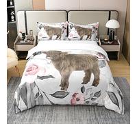 Cotton Highland Cow Floral Comforter Cover Bull Cattle Bedding Set Single Western Funny Animal Duvet Cover Brown Wildlife Farmhouse Cow Quilt Cover Rose Cherry Blossoms Grey Marble Quilt Cover