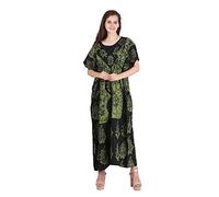 Cotton Kaftan Dress Maxi Long Tunic Batik One Size, Green-black, One size