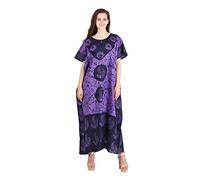 Cotton Kaftan Dress Maxi Long Tunic Batik One Size, Purple-Black, 20-24 Plus