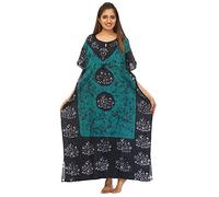 Cotton Kaftan Dress Maxi Long Tunic Batik One Size, Torquoise-black, One size
