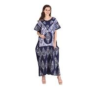 Cotton Kaftan Dress Maxi Long Tunic Batik One Size, White-blue, 20-24 Plus