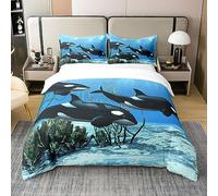 Cotton Killer Whale Bedding Sets Orcinus Orcas Comforter Cover The Underwater World Jellyfish Duvet Cover Set for Kids Boys Girls Deep Sea Animals Marine Life Quilt Cover Child Room Decor King