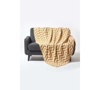 HOMESCAPES Large Mustard Knitted Throw Soft Cotton Geometric Blanket Handwoven Warm and Cosy Dark Yellow and Off White 100% Cotton Chevron Herringbone Sofa and Bed Throw, 150 x 200 cm
